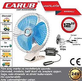 Oto Vantilatör 12" Mandallı Döner Başlıklı Fan 24 Volt